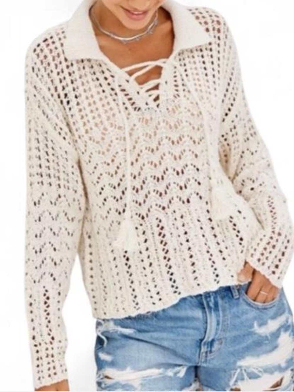American Eagle Outfitters Open-Knit Lace-Up V-Neck Sweater - Cream